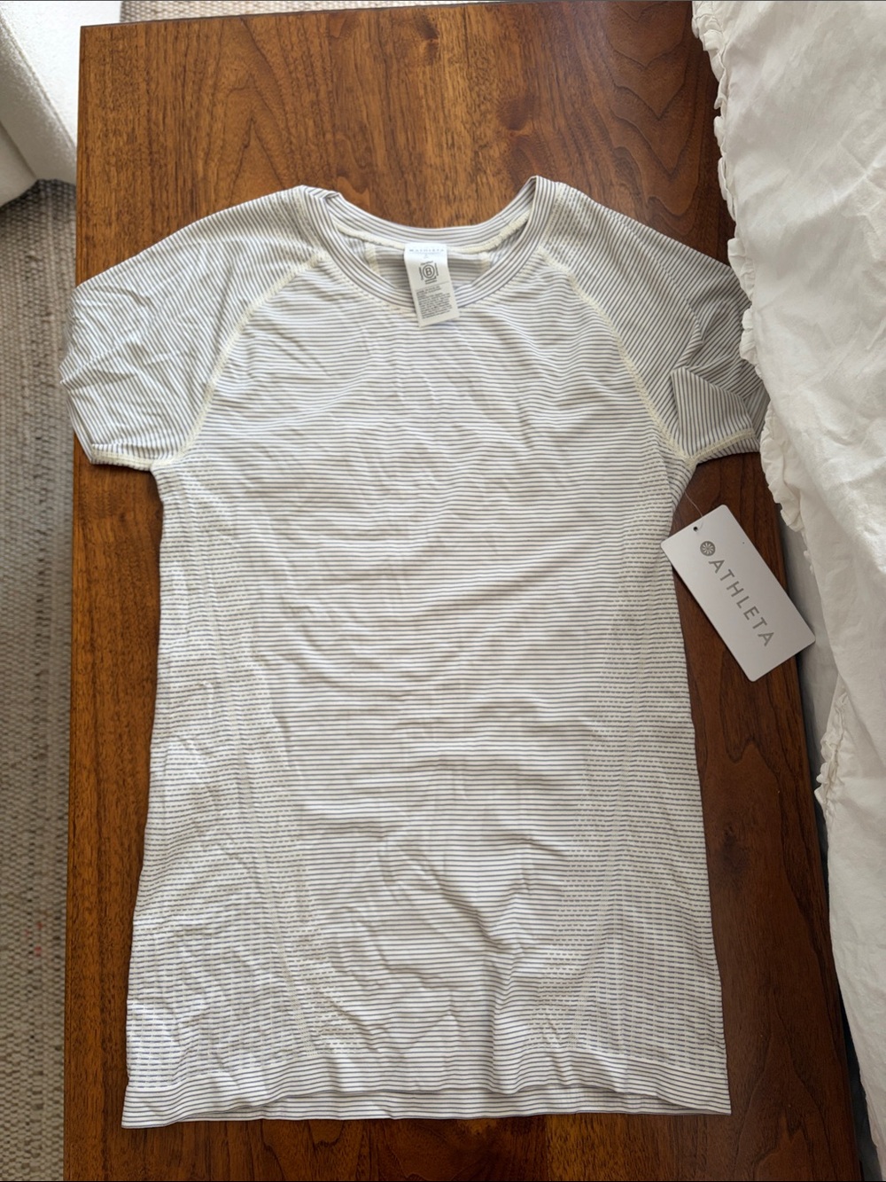 Athleta White and Blue Striped Short Sleeve Tee